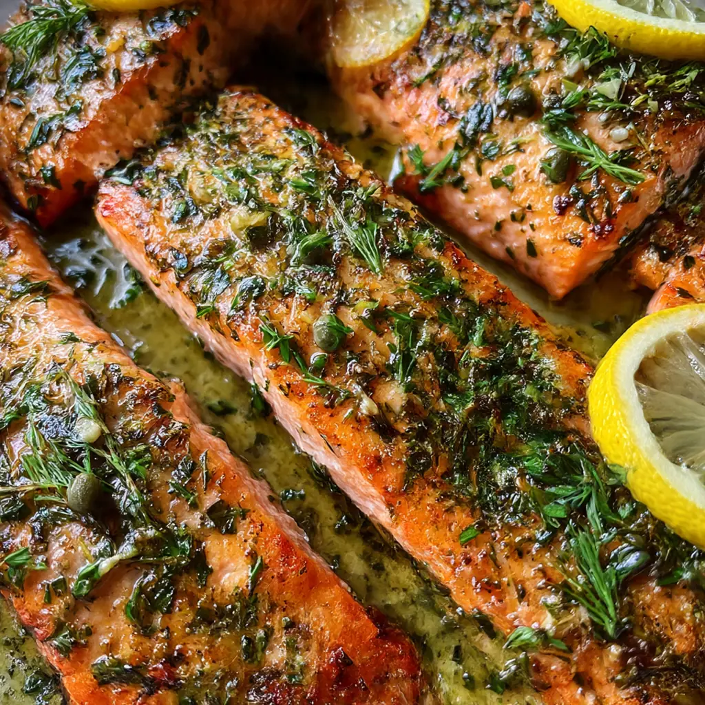 A close-up of a chicken piccata cutlet coated in glossy sauce with fresh parsley and capers.