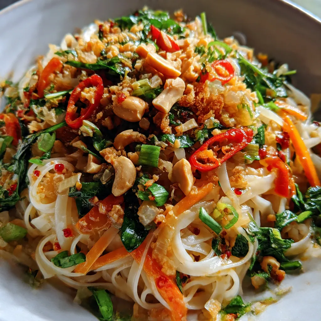 Close-up shot of chewy rice noodles coated in a dark, savory sauce with chicken and Chinese broccoli.